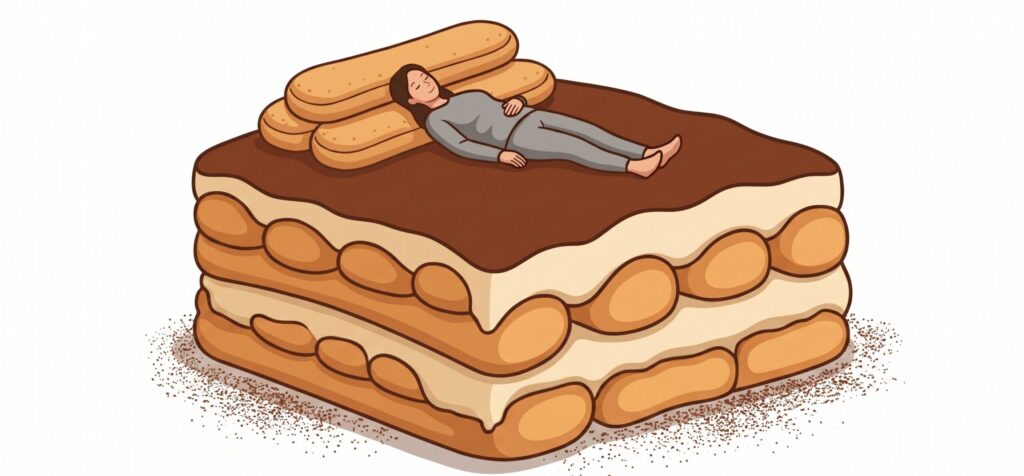Illustrazione di una persona che dorme su un tiramisù gigante, per dormire alla Tiramisù World Cup 2026 con lo sconto del 10%